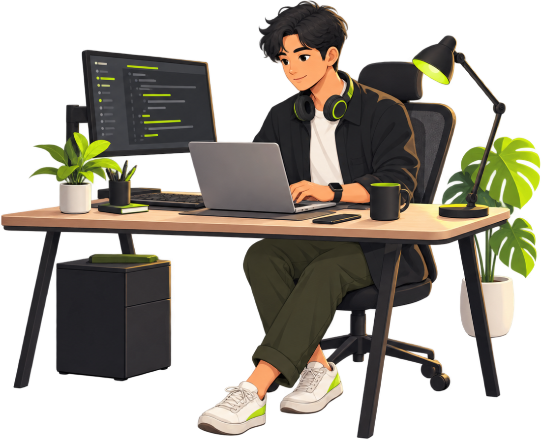 Developer Berikode sedang mengerjakan aplikasi di meja kerjanya